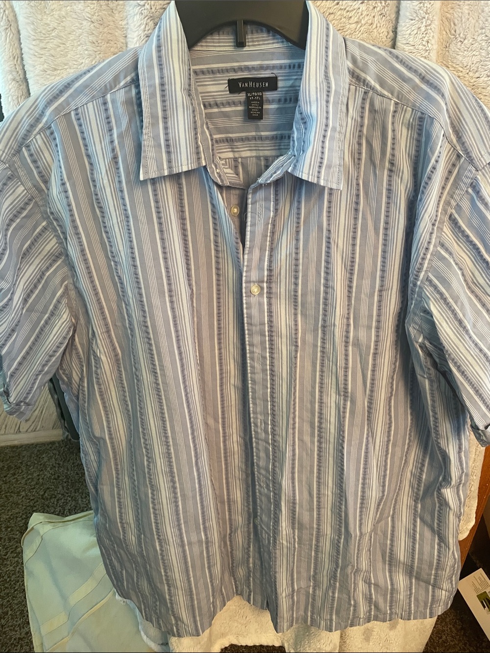 Van Heusen Light Blue and White Striped Short Sleeve Button-Down Shirt